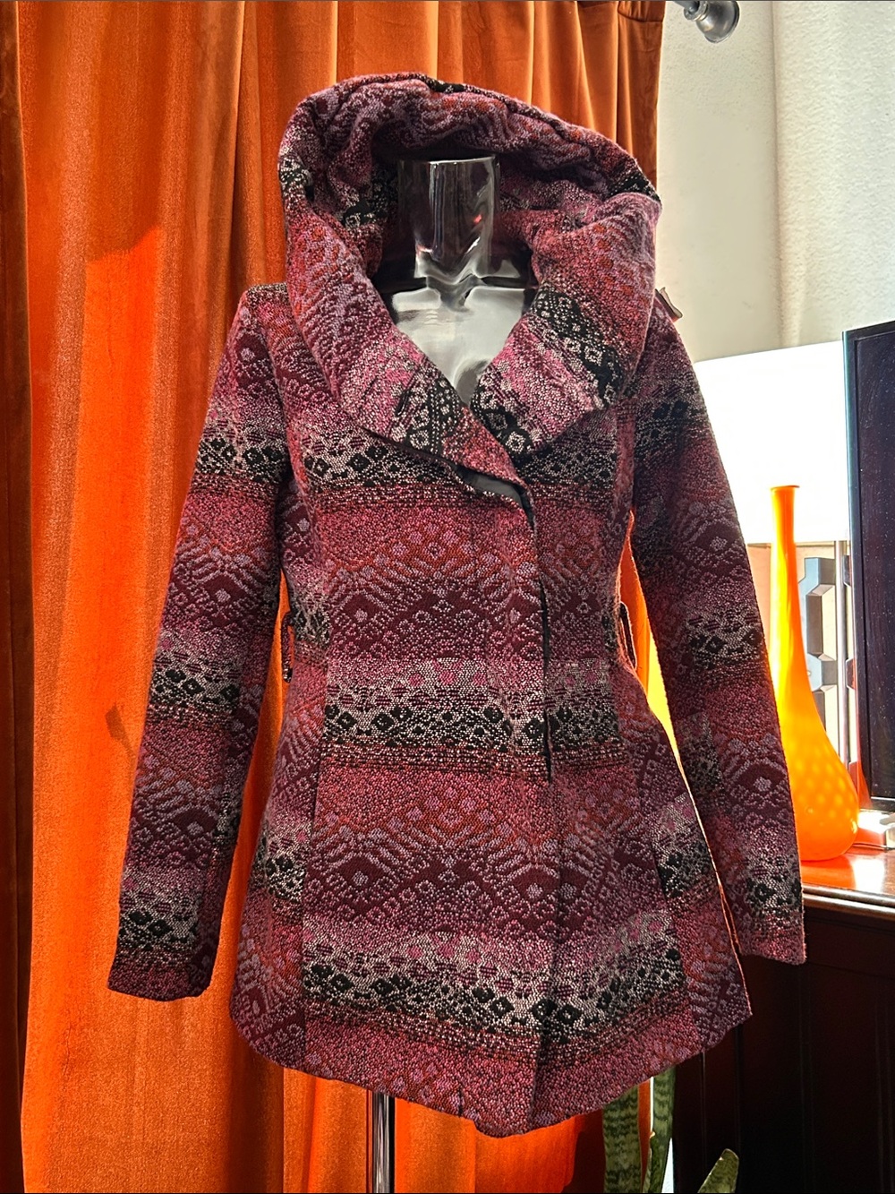 Mossimo Supply Co. Hooded Patterned Trench Coat - Burgundy Pink No Belt